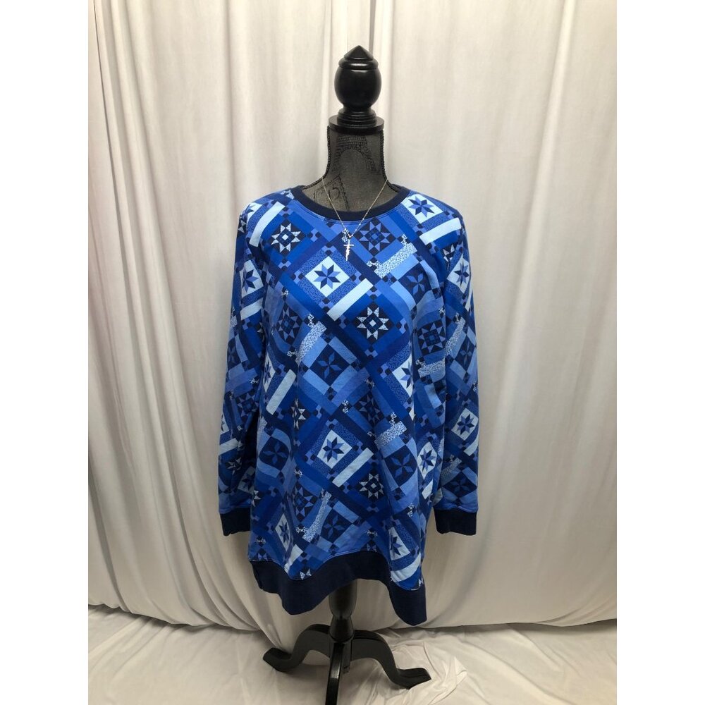 Lands End Serious Sweats Womens Sz Large 14-16 Blue Patchwork Print Long Sleeve